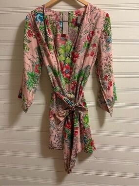Plum Pretty Sugar Floral Cotton Wrap Robe XS Pink Botanical Cottagecore Bridal